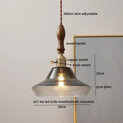 Modern ceramic led pendant light with wooden handle, copper socket, and textured gray glass shade for dining room decorbites ceramic led pendant