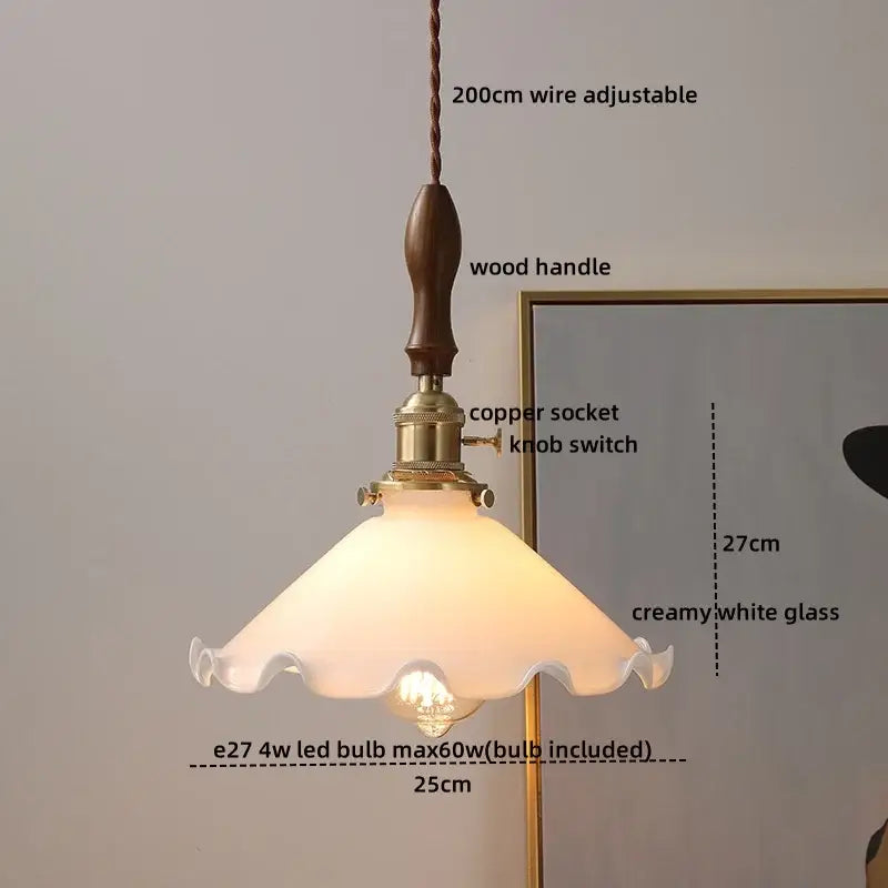 Modern ceramic led pendant light off-white glass shade with ruffled edges on adjustable copper wire and wooden handle decorbites ceramic led pendant