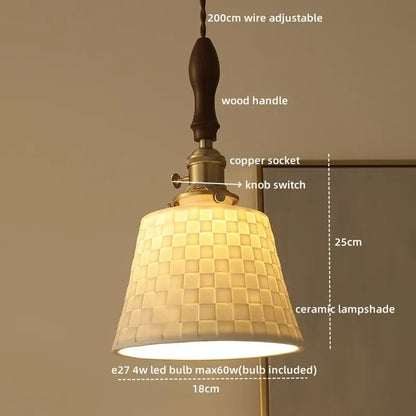 A warm-toned off-white decorbites ceramic led pendant light with woven texture and wood accents for dining room decor