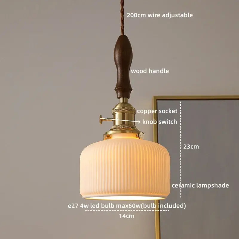 Modern ceramic led pendant light with warm off-white ridged lampshade, wood handle, and brass hardware for dining room decorbites ceramic led pendant