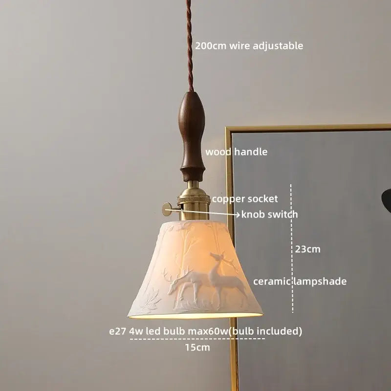 Modern ceramic LED pendant light with warm-toned off-white lampshade featuring deer relief and wood handle decorbites ceramic led