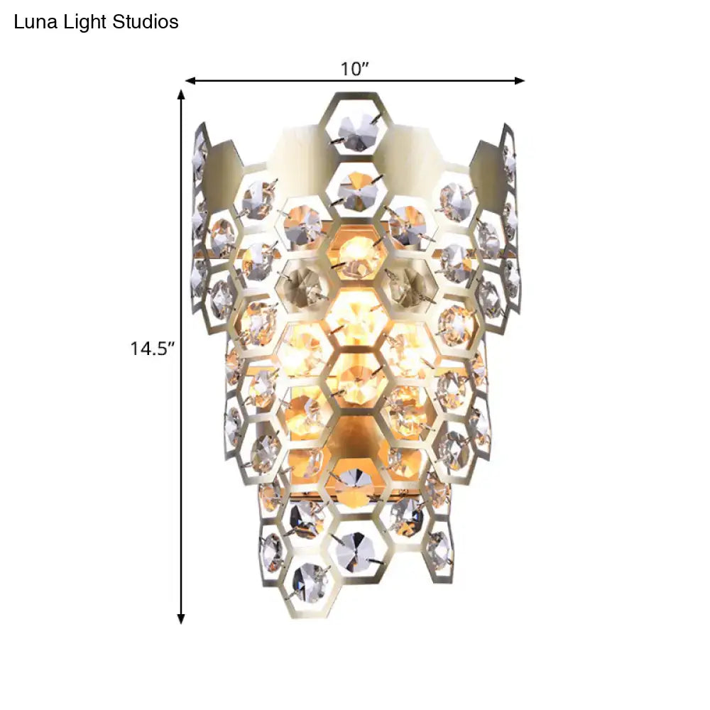 Modern champagne gold-toned hexagonal wall sconce with clear and amber crystals designed for e12 e14 led incandescent fluorescent bulbs