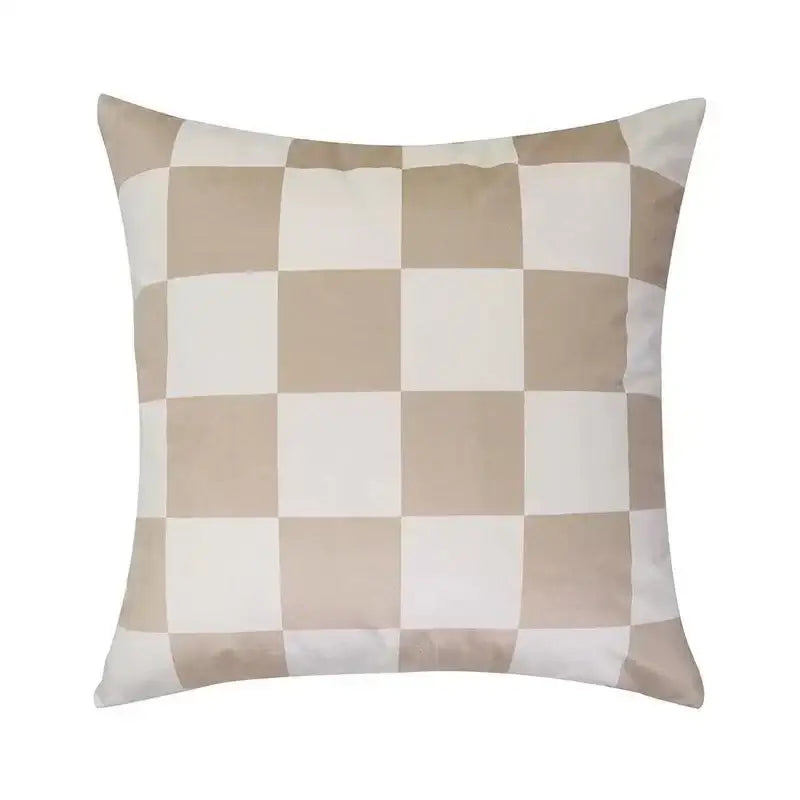 Beige and white checkered cushion cover made of decorbites fluffy velvet for modern bedroom decor