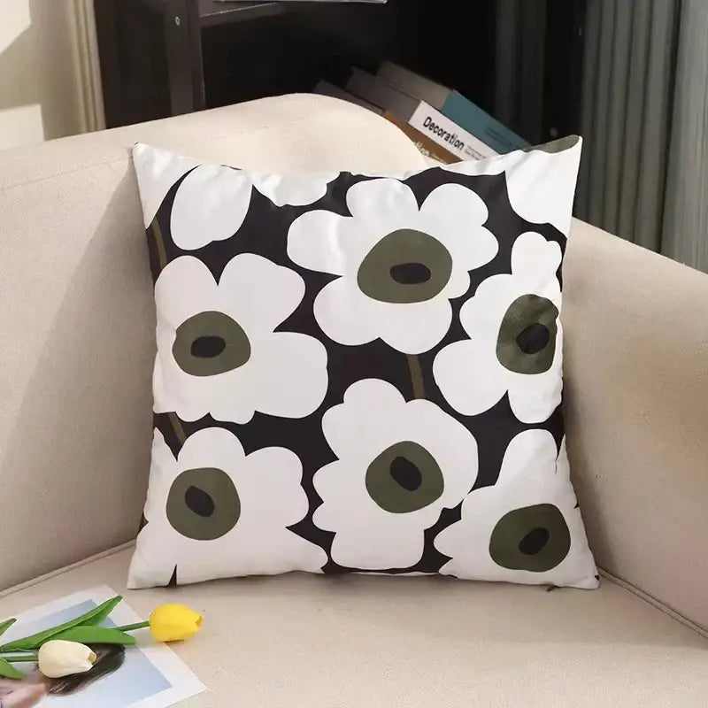 Modern checkered fluffy velvet cushion cover with black and white floral pattern and olive green centers for bedroom decorbites decor