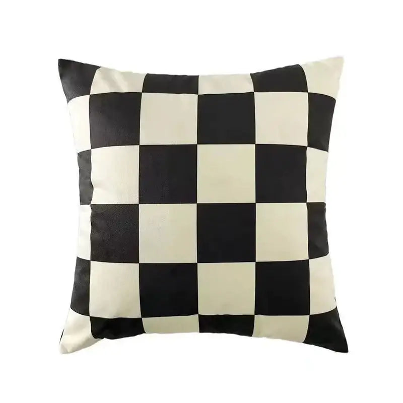 Black and cream checkered cushion cover with subtle sheen made of decorbites fluffy velvet for bedroom decor