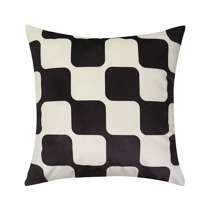 Black and white geometric patterned modern checkered fluffy velvet cushion cover for bedroom decorbites fluffy velvet pillow