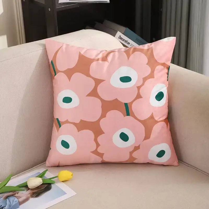 Modern checkered fluffy velvet cushion cover with pink floral pattern on peach background for bedroom decorbites decor