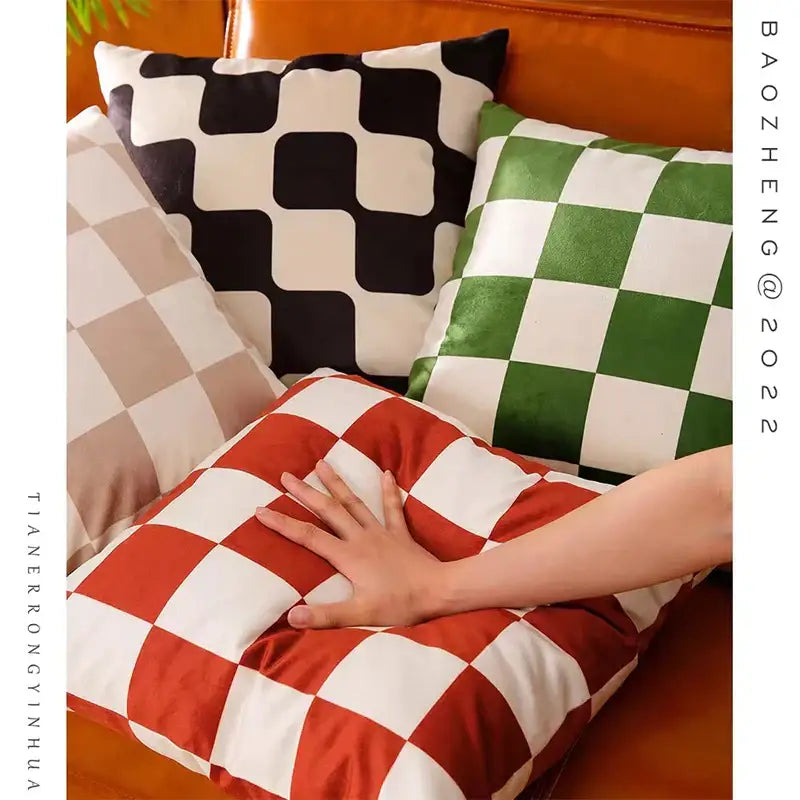 Red and white checkered cushion cover with soft fluffy velvet texture for modern decorbites fluffy velvet pillow decor