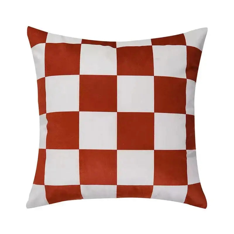 Modern checkered fluffy velvet cushion cover with bold red and white checkered pattern for bedroom decorbites fluffy velvet pillow