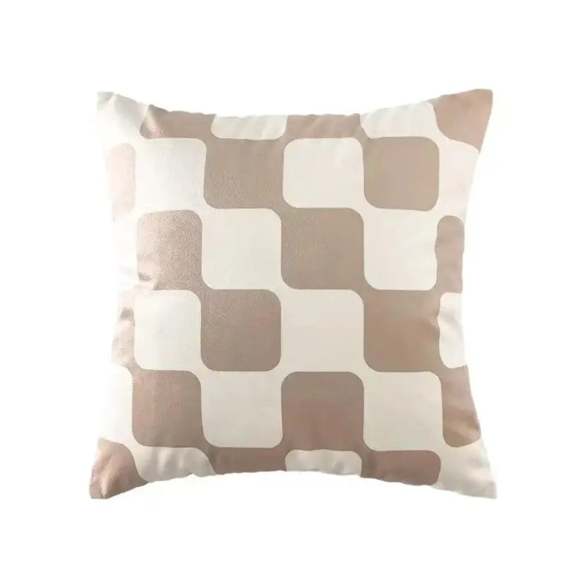Square throw pillow with modern interlocking beige and cream squares in a decorbites fluffy velvet cushion cover