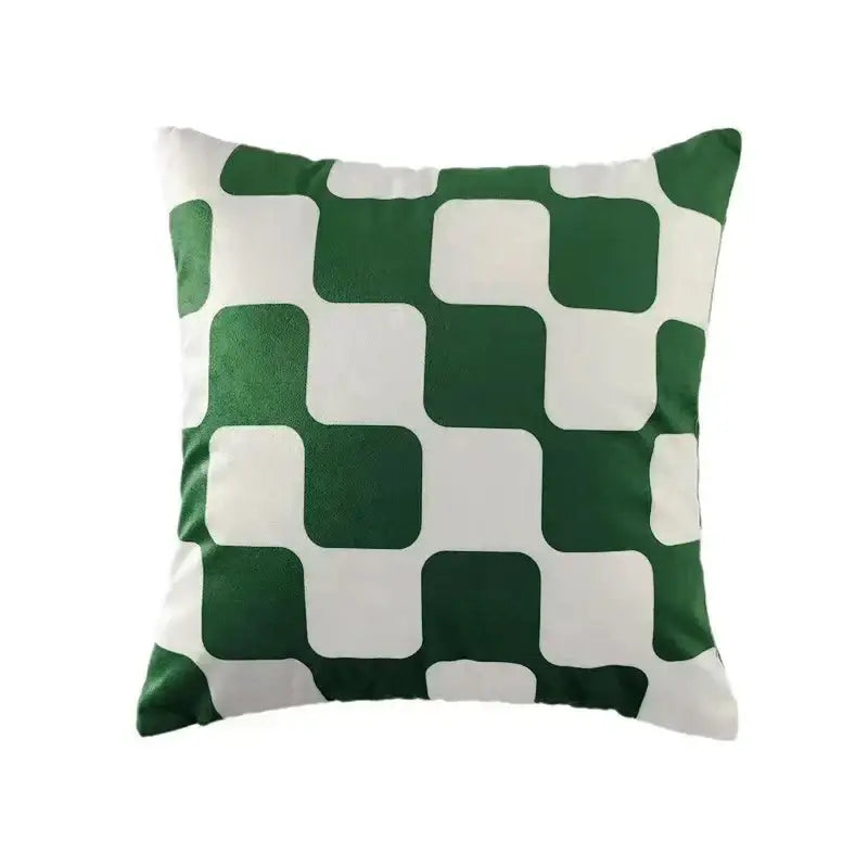 Square cushion cover with bold interlocking green and white geometric pattern made of decorbites fluffy velvet for bedroom decor