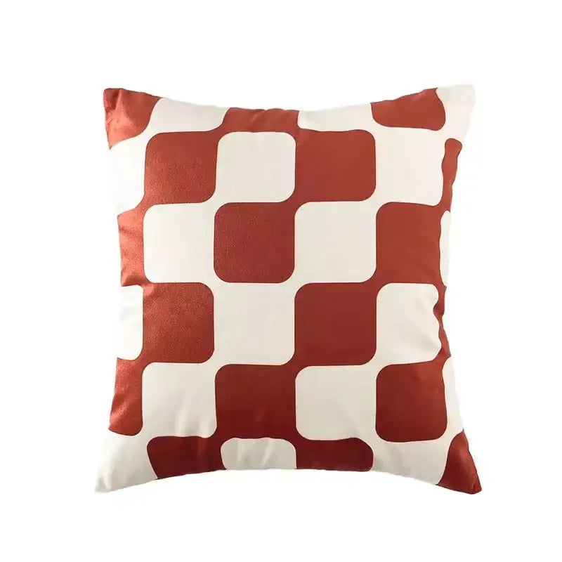 A modern checkered cushion cover with bold red and cream geometric pattern in decorbites fluffy velvet fabric