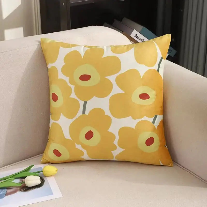 Modern checkered fluffy velvet cushion cover with vibrant yellow floral pattern for bedroom decorbites fluffy velvet pillow