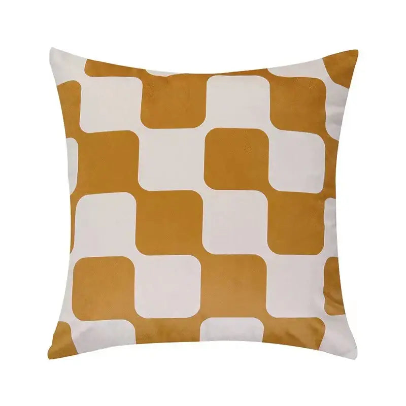 A square modern checkered fluffy velvet cushion cover in mustard yellow and white for bedroom decorbites decor
