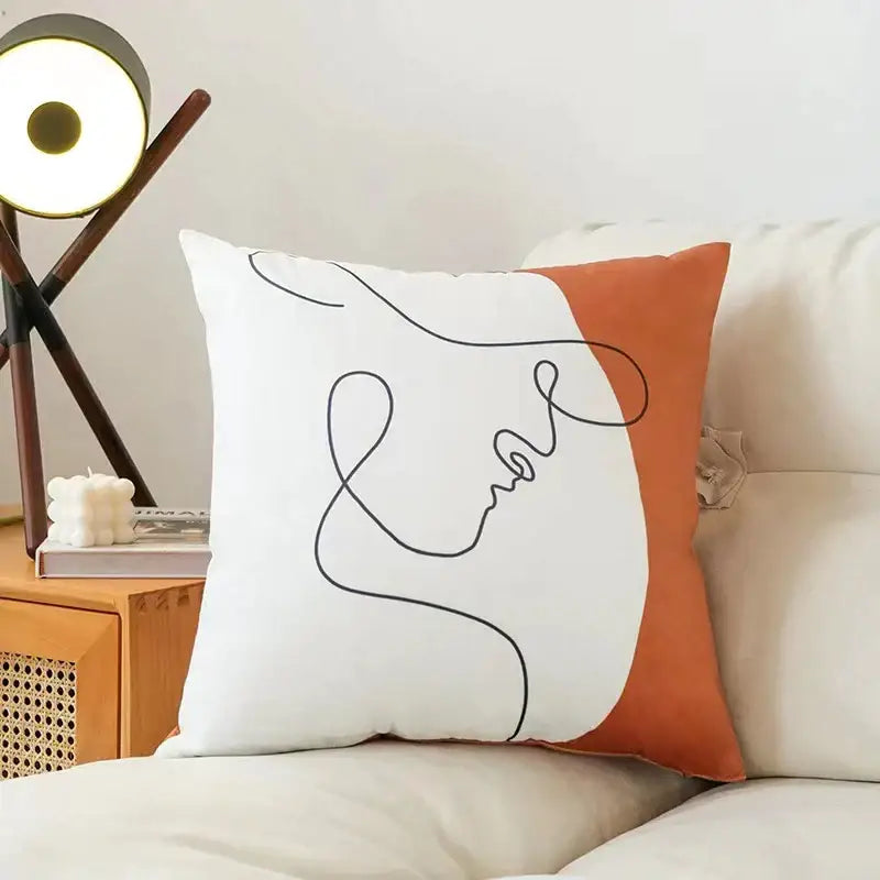 Square cushion cover with minimalist black line face on white and terracotta fluffy velvet pillow for bedroom decorbites decor