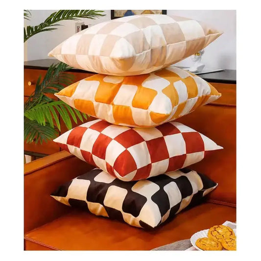 Stacked modern checkered fluffy velvet cushion covers in cream beige orange white red and black for bedroom decorbites decor