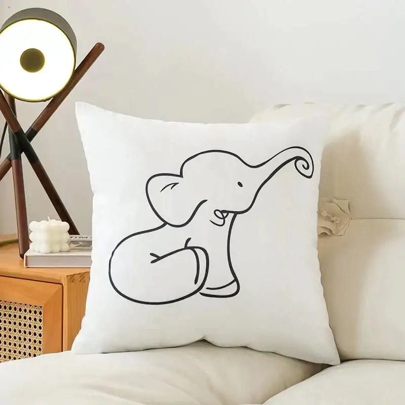 White square cushion cover with minimalist black elephant line drawing made of decorbites fluffy velvet for bedroom decor