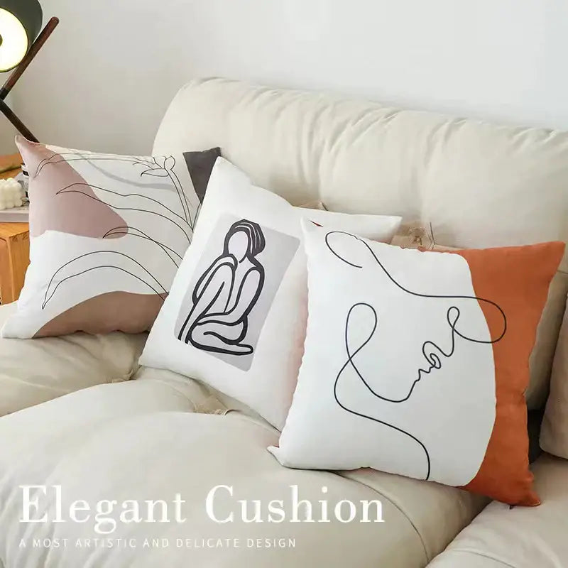 Modern checkered fluffy velvet cushion cover with white and black line art design and orange fabric panel for decorbites fluffy velvet pillow