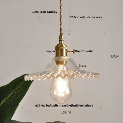 Modern chevron clear glass led pendant light with brass hardware, vintage-style scalloped glass shade, and copper switch