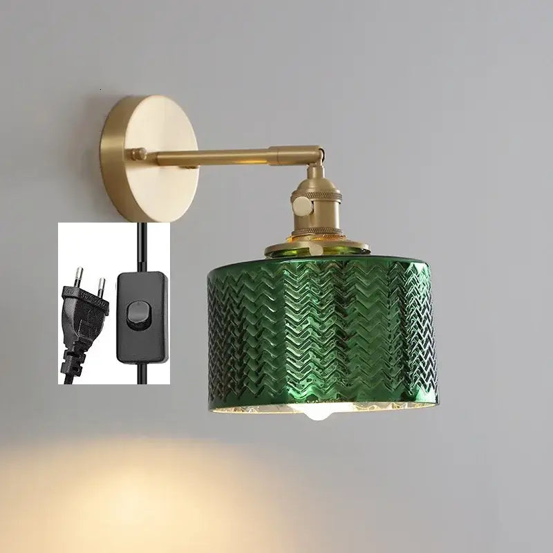 Modern chevron green glass led wall light with green zigzag-patterned glass lampshade and brass hardware for bedroom