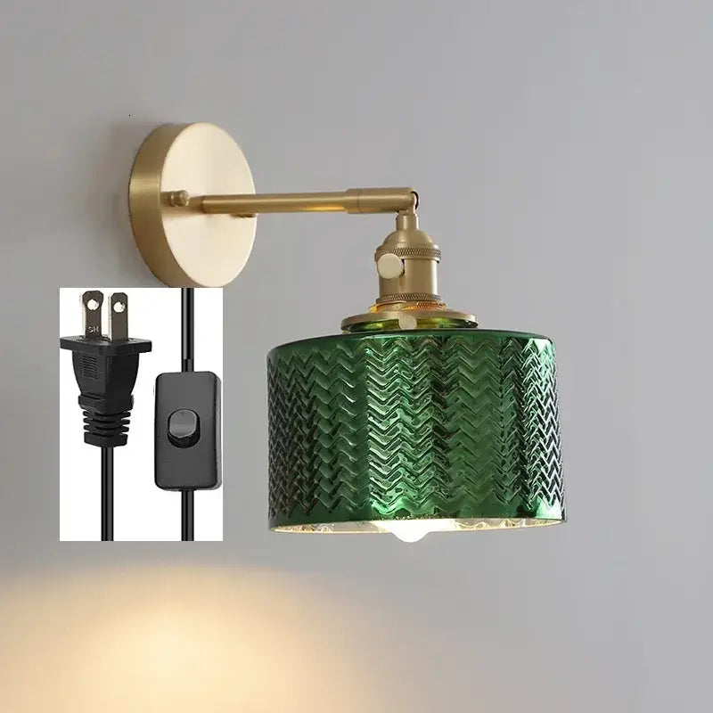 Modern chevron green glass led wall light with green zigzag pattern and brass hardware for bedroom use