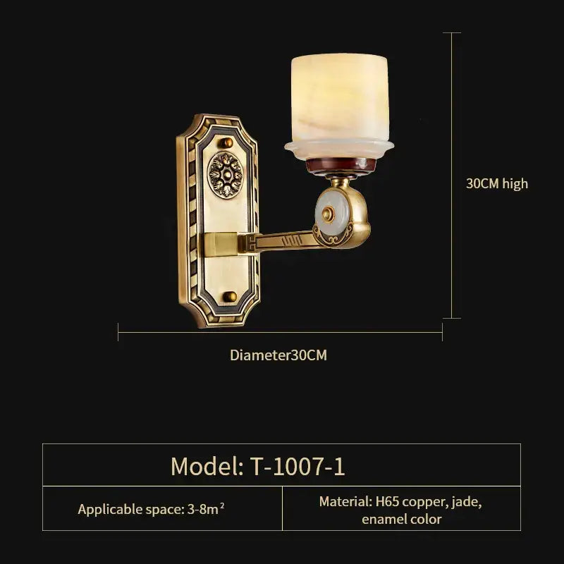 Antique brass-finished wall sconce with frosted glass shade and jade enamel accents in a copper jade chandelier style