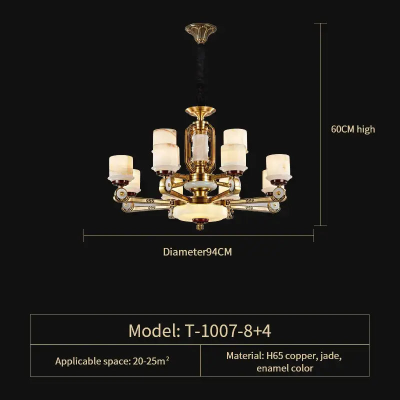 Elegant modern chinese copper jade chandelier with six frosted glass shades and jade accents for living room lighting