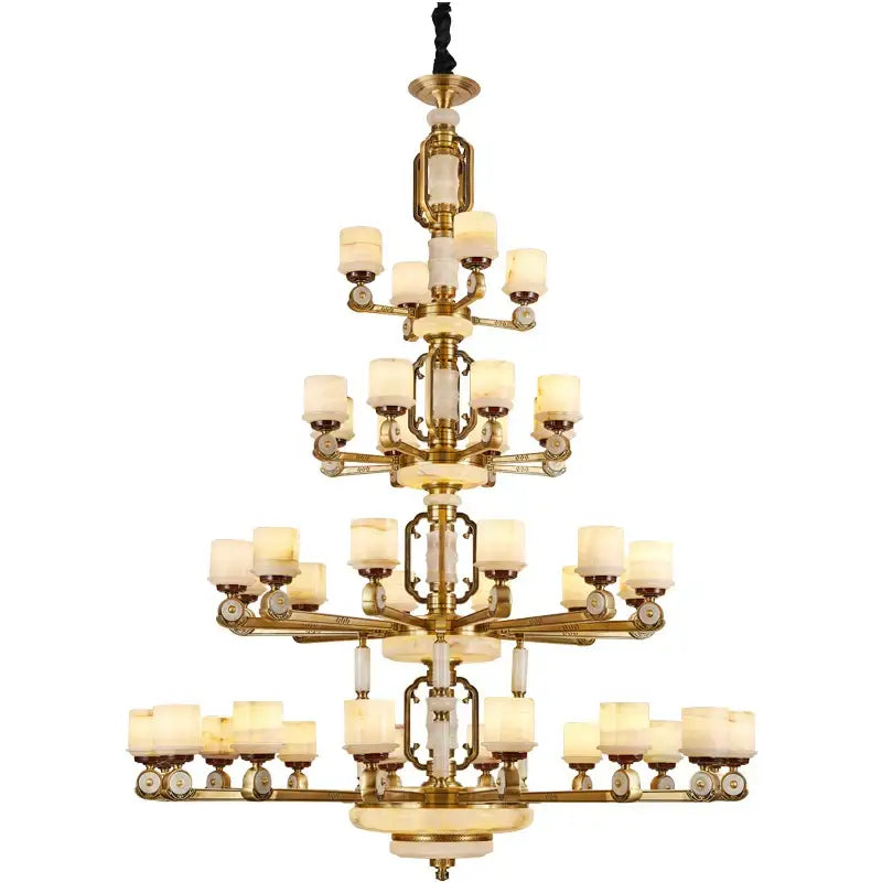 Modern Chinese multi-tiered copper jade chandelier with golden brass frame and cream alabaster shades for living room