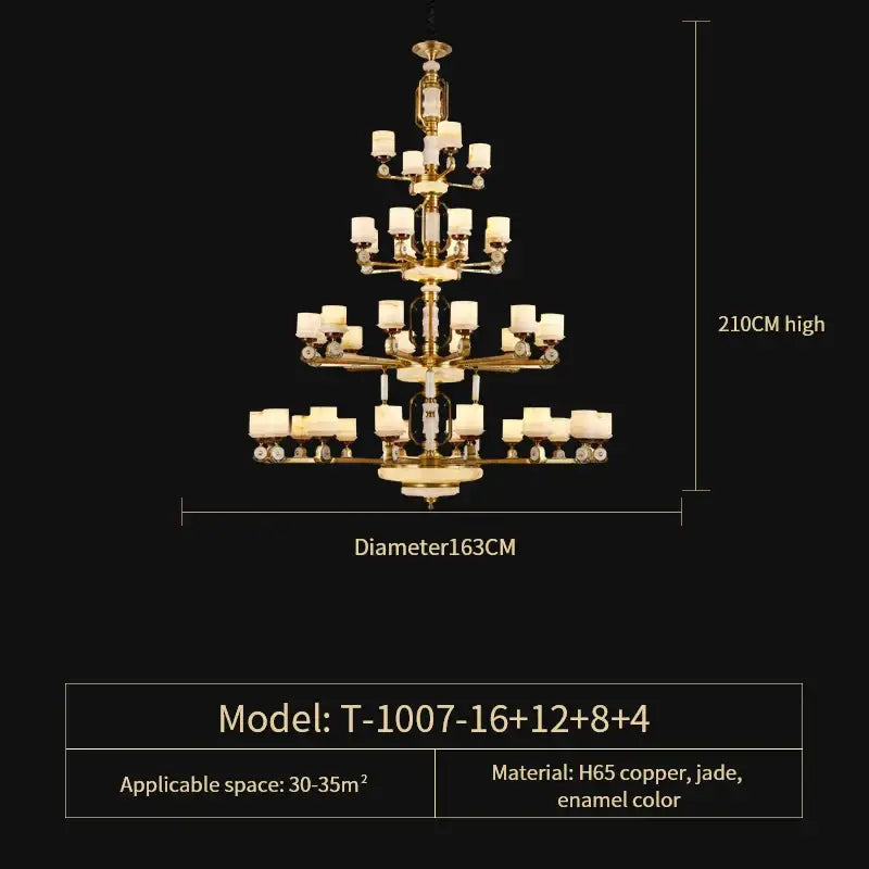 Modern Chinese gold copper jade chandelier with multi-tiered golden h65 copper frame and white enamel glass shades for living room