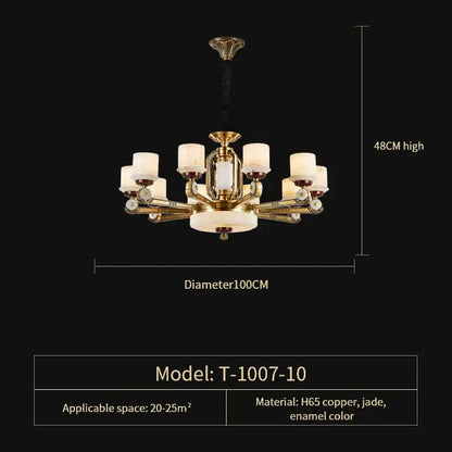 Modern chinese gold copper jade chandelier with eight frosted glass shades and a central jade panel for living room
