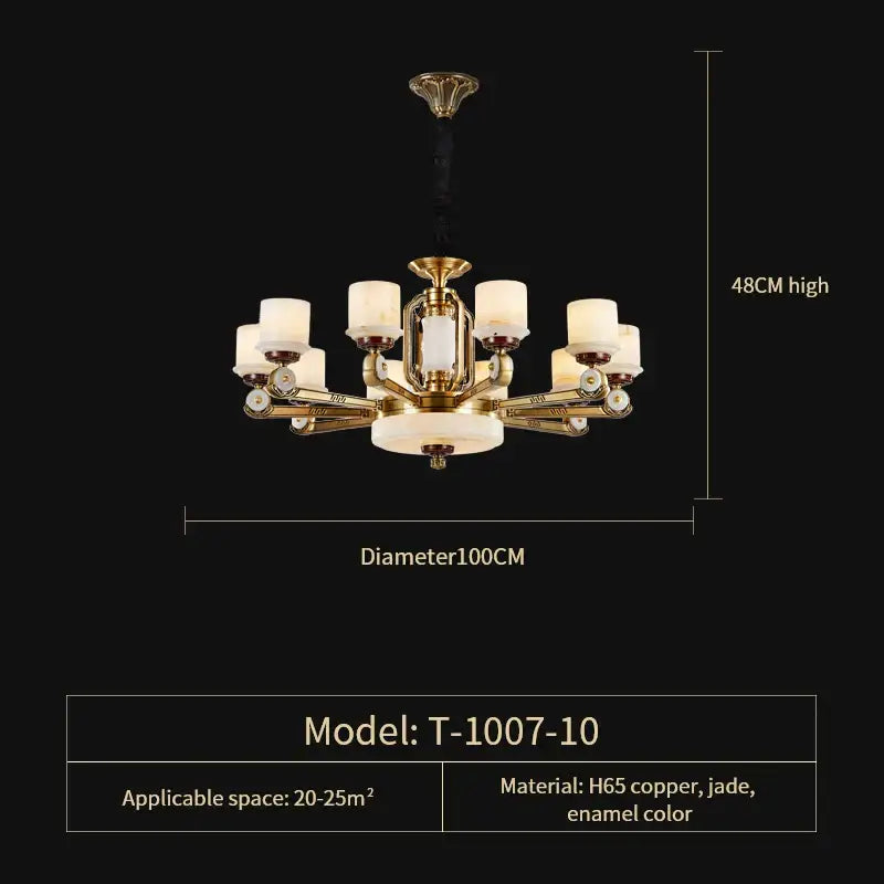 Modern chinese gold copper jade chandelier with eight frosted glass shades and a central jade panel for living room