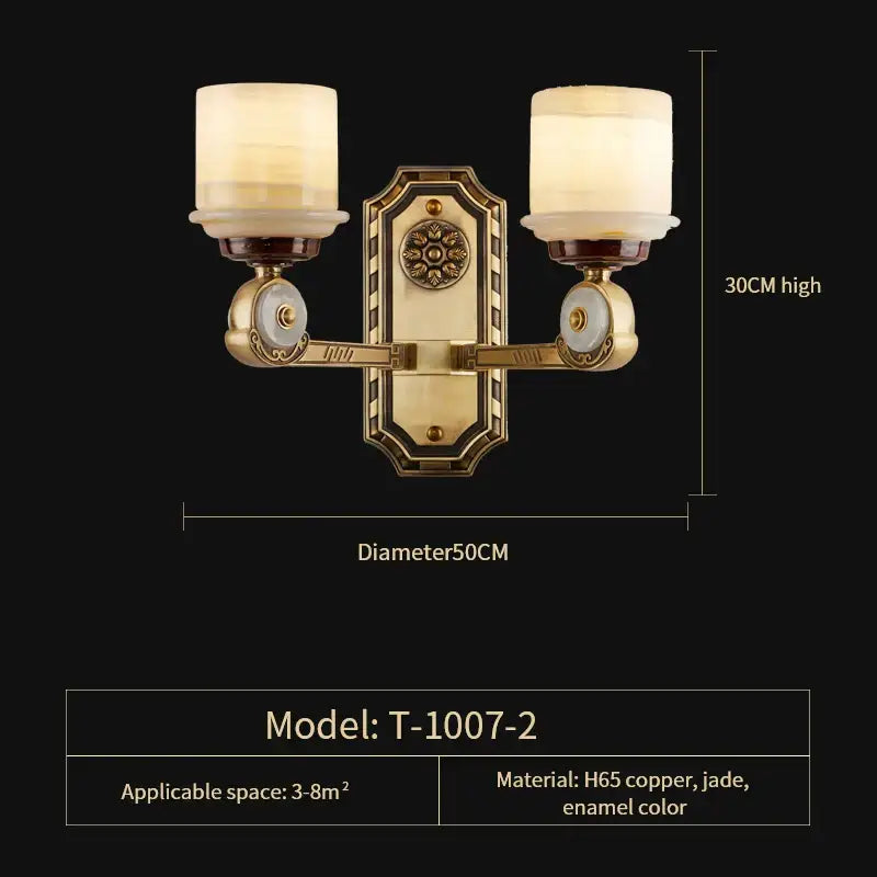 Modern Chinese gold copper jade chandelier wall sconce with frosted glass and ornate copper detailing for living room