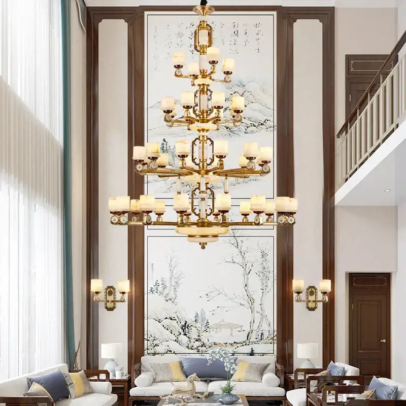 Modern chinese gold copper jade chandelier with multi-tier frosted glass shades and ornate metalwork for living room