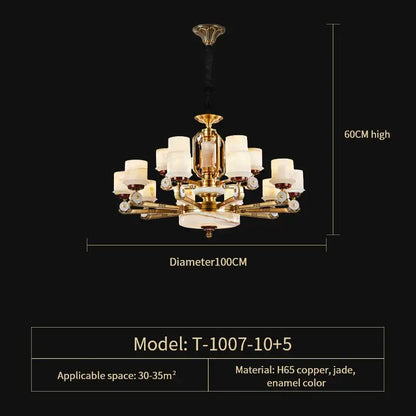 Modern chinese gold copper jade chandelier with frosted glass shades and intricate copper detailing for living room