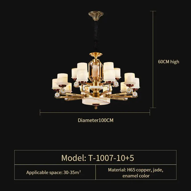 Modern chinese gold copper jade chandelier with frosted glass shades and intricate copper detailing for living room
