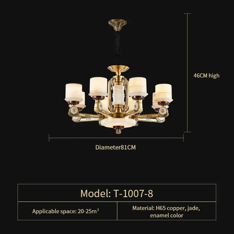 Modern chinese gold copper jade chandelier with six frosted glass shades and jade enamel accents for living room use