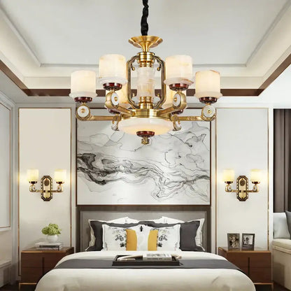 Modern chinese gold copper jade chandelier with six frosted glass shades and ornate metalwork for living room use