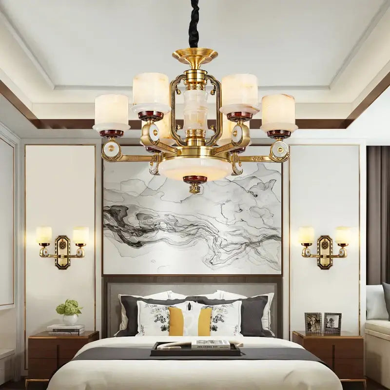 Modern chinese gold copper jade chandelier with six frosted glass shades and ornate metalwork for living room use