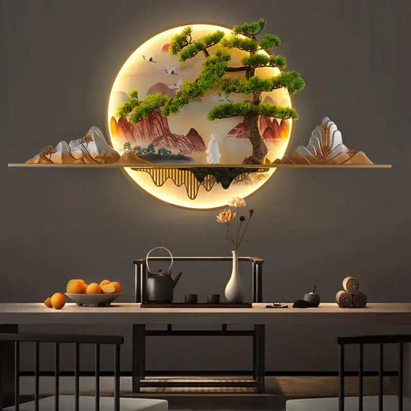 Modern chinese landscape led picture lamp with circular decorbites 3d landscape and warm glowing backdrop wall art