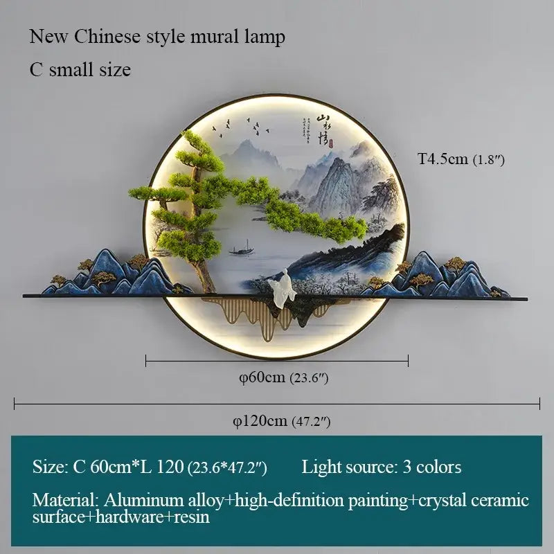 Modern chinese landscape led picture lamp with circular painted mural on aluminum alloy base for decorbites 3d landscape