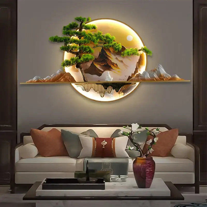 Modern chinese landscape led picture lamp with circular illuminated 3d landscape and gold reflective shelf decorbites 3d landscape