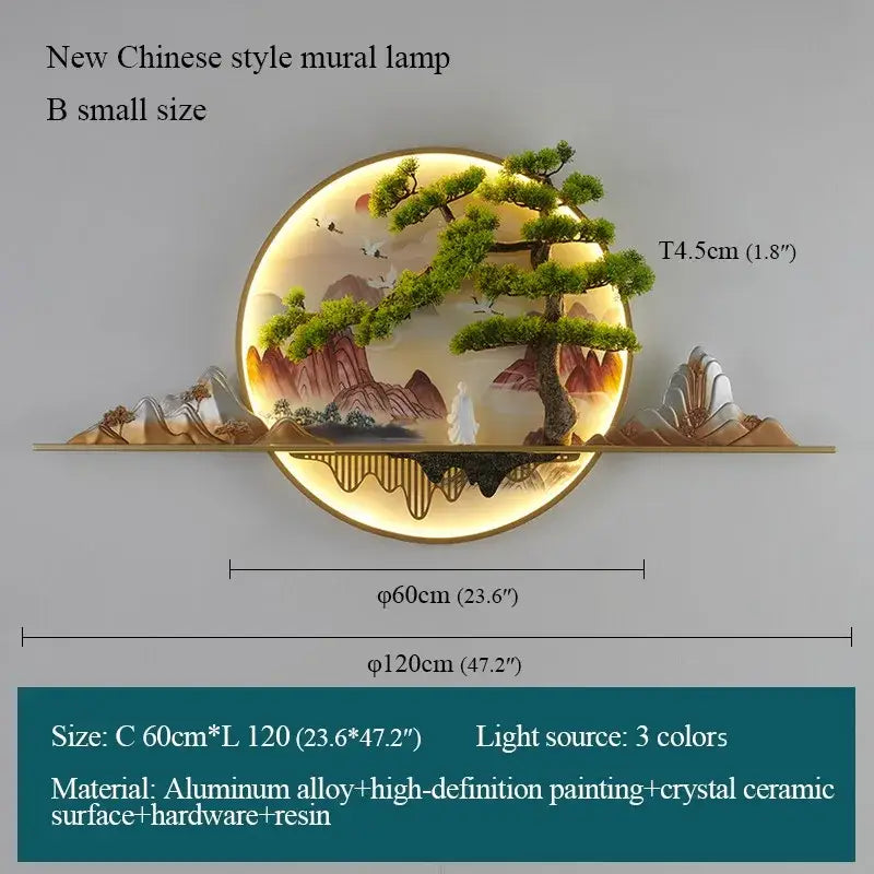 Circular chinese-style landscape led picture lamp with glowing mountains and trees on aluminum alloy base for decorbites 3d landscape