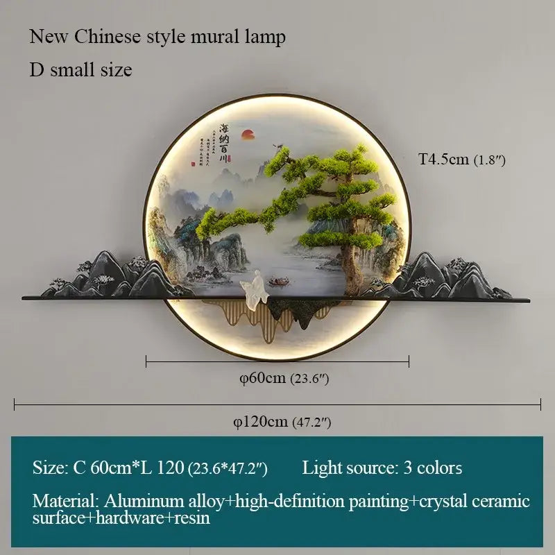 Modern chinese landscape led picture lamp with circular mural of green pines misty mountains and red sun by decorbites 3d landscape