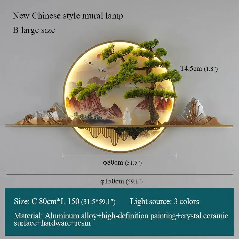 Circular modern chinese landscape led picture lamp with glowing green pine trees on aluminum alloy base for living room decorbites 3d landscape