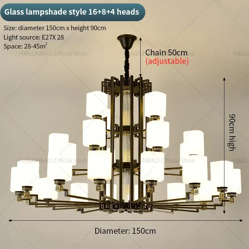 Elegant modern chinese style chandelier pendant light with 16+8+4 frosted glass lampshades and dark bronze frame