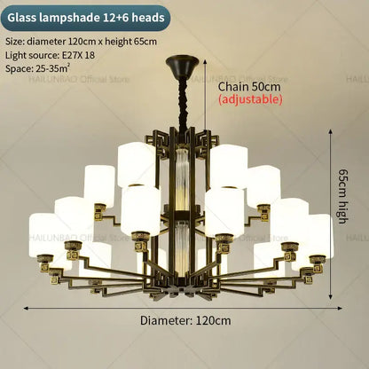 Bronze finished modern chinese style chandelier pendant light with twelve frosted glass lampshades and adjustable chain
