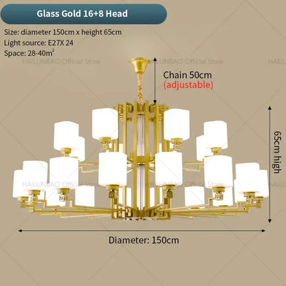 Modern chinese style chandelier pendant light with gold metal arms and frosted glass shades for living room decor
