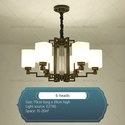 Modern chinese style chandelier bronze pendant light with six white cylindrical shades and central glass column for living room