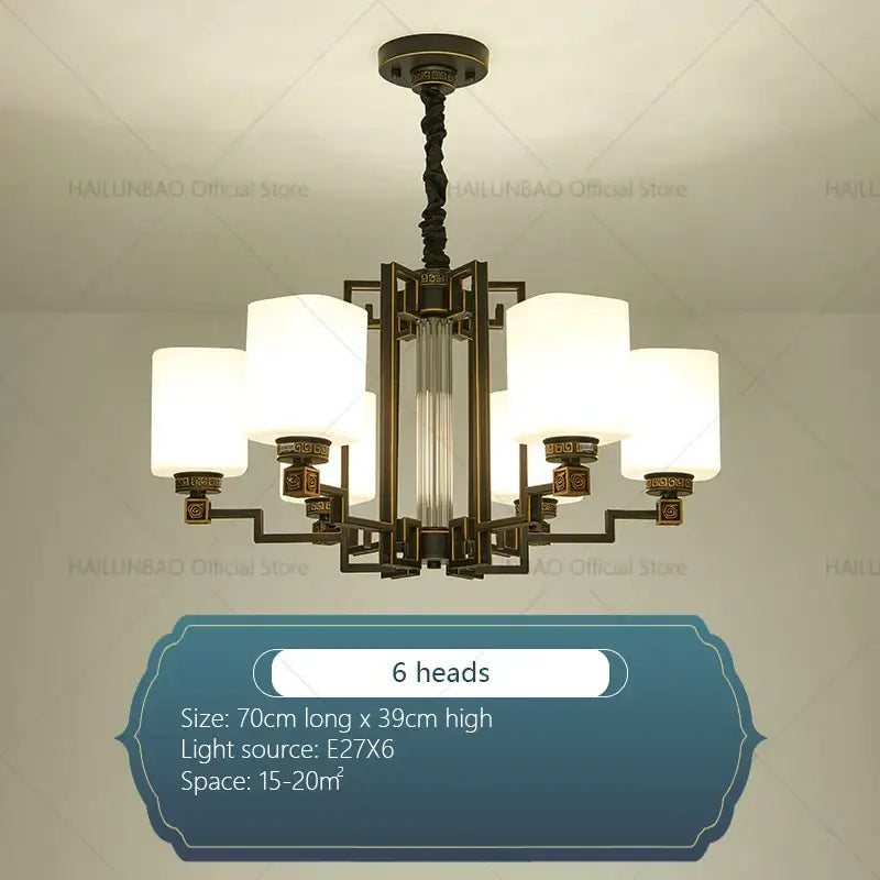 Modern chinese style chandelier bronze pendant light with six white cylindrical shades and central glass column for living room