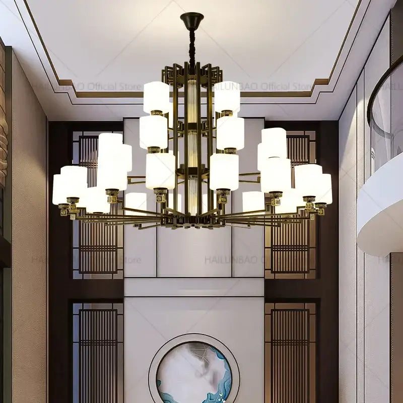 Modern chinese style chandelier with brass finish and white cylindrical shades pendant light for living room